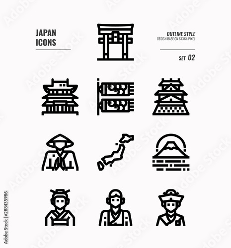 Japan flat icon set 2. Include Traditional costume, people, architecture, landscape, art and more. Outline icons Design. vector illustration