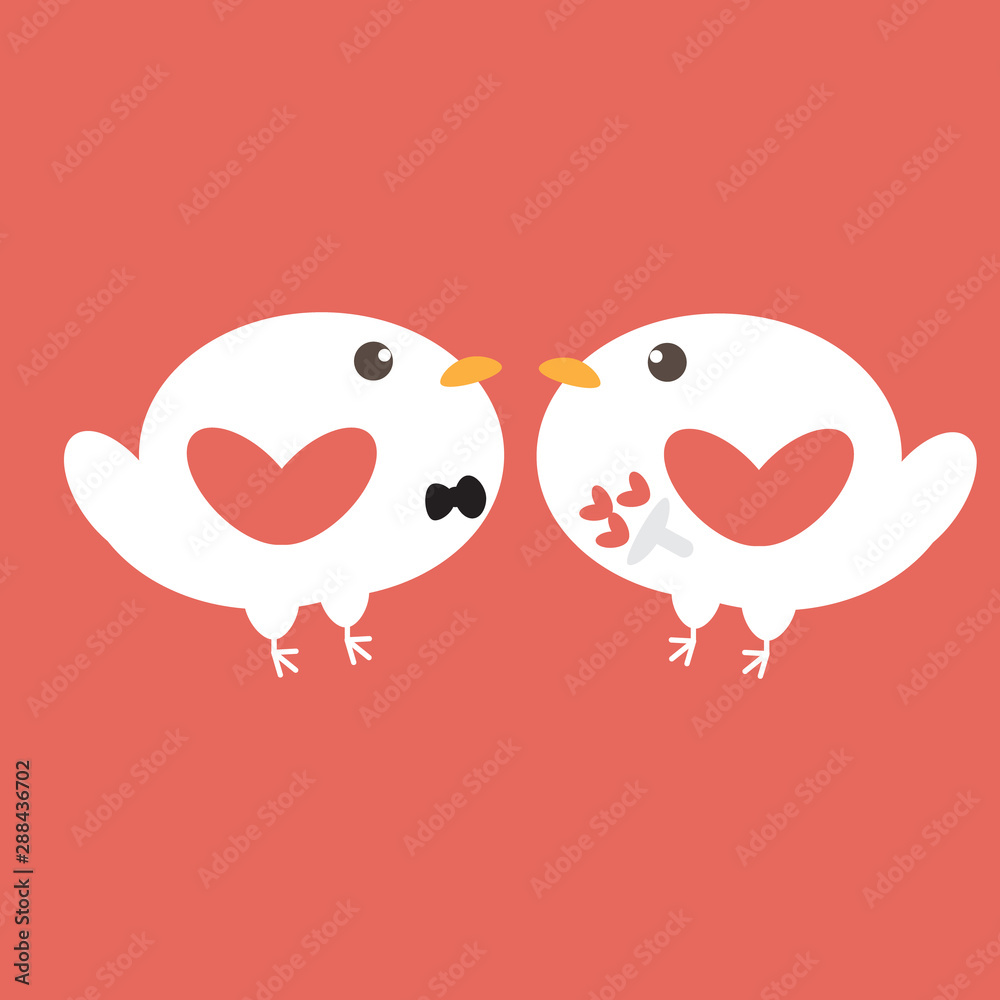 cute flat white love birds bride and groom on red background isolated for valentine or wedding invitation card