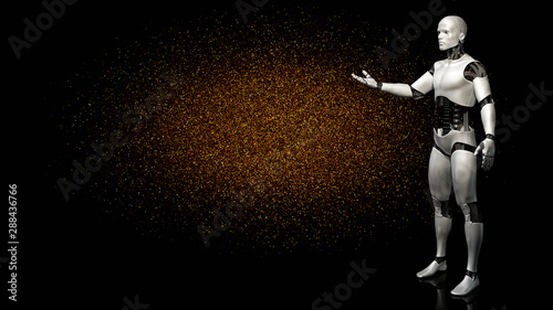 robot, humanoid cyborg on shiny black stage presenting a golden glitter background 