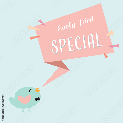 early bird special discount banner with cute bird and ribbon shapes promotional design template eps10 vector illustration