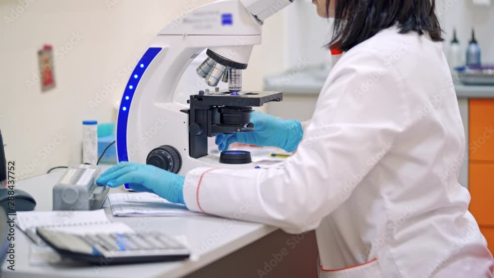 Scientist working at the laboratory. Woman in laboratory working with a microscope Scientist working at the laboratory. Woman in laboratory working with a microscope