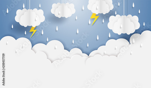Monsoon, Rainy Season background . cloud rain and thunderbolt hanging on blue sky. paper art style.vector.