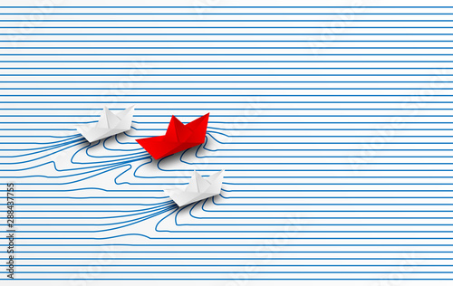 Business leadership ,financial concept. paper boat red leadership to success goal. paper art style. creative idea. vector.