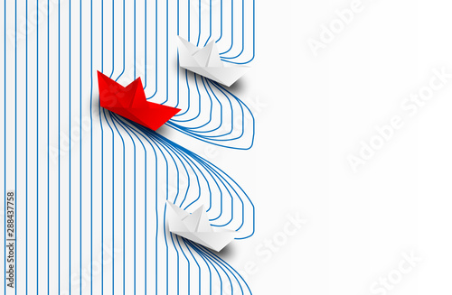 Business leadership ,financial concept. paper boat red leadership to success goal. paper art style. creative idea. vector.