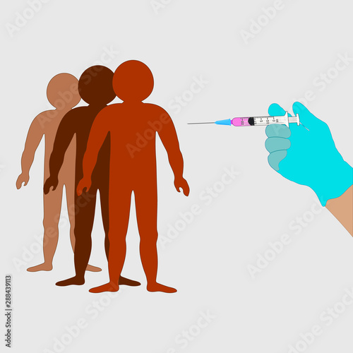 Time to vaccinated. Flat concept of a syringe with a vaccine. People of different nationalities. Vector