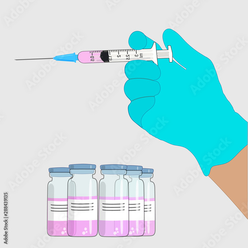 It's time to get vaccinated. Flat concept of a syringe with a vaccine. The doctor's hand holds a syringe. A medicine bottle. Isolated. Vector