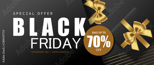 Black Friday sale banner with gift box decorated gold bow design for banner, website, poster. Vector illustration.