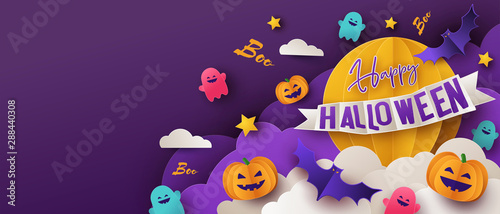 Happy Halloween greeting banner or party invitation with night clouds, pumpkins, bats and cute ghosts on violet background with big yellow moon. Paper cut style, digital craft style.