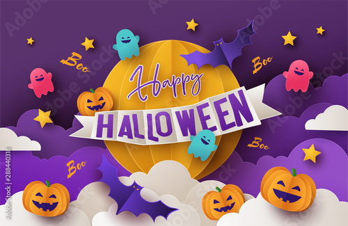 Happy Halloween greeting banner or party invitation with night clouds, pumpkins, bats and cute ghosts on violet background with big yellow moon. Paper cut style, digital craft style.