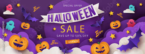 Halloween Sale Promotion banner with cutest pumpkins, bats and ghosts in night clouds on violet background. Paper cut style, digital craft style. Halloween website Sale banner, poster or card template