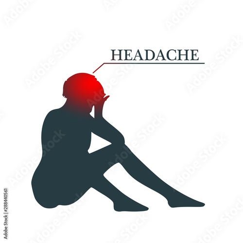 Young lady rise her hands to head. Headache text. Silhouette of woman suffering from head migraine. Stressed exhausted young woman having strong tension headache