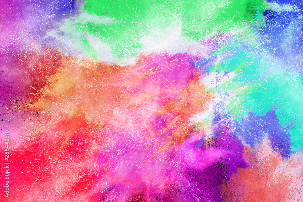 Freeze motion of colorful color powder exploding on white background.  Paint Holi.