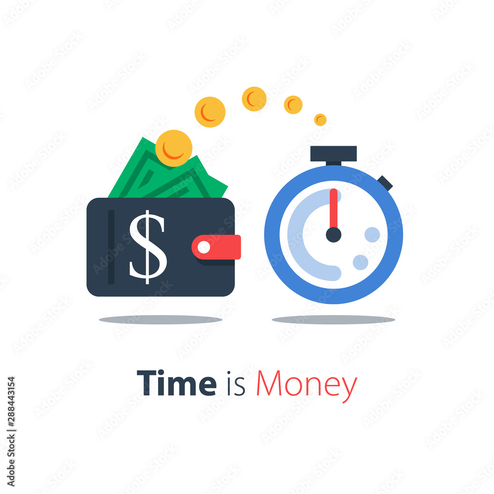 Cash back, wallet with dollar sign and stopwatch, easy loan, instant payment, fast money transfer, financial services, vector flat illustration Cash back, wallet with dollar sign and stopwatch, easy loan, instant payment, fast money transfer, financial services, vector flat illustration