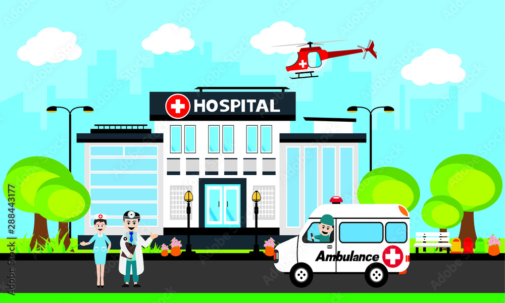   Patient care concept. Vector of doctor team standing on a hospital building, ambulance car background