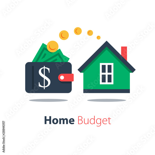 Mortgage loan, household expenses, real estate investment, house rental, property purchase, home finance and budget, living cost, vector flat illustration