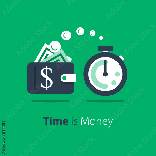 Cash back, wallet with dollar sign and stopwatch, easy loan, instant payment, fast money transfer, financial services, vector flat illustration