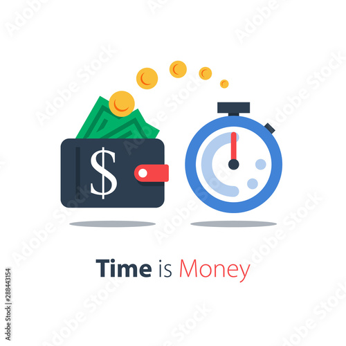 Cash back, wallet with dollar sign and stopwatch, easy loan, instant payment, fast money transfer, financial services, vector flat illustration