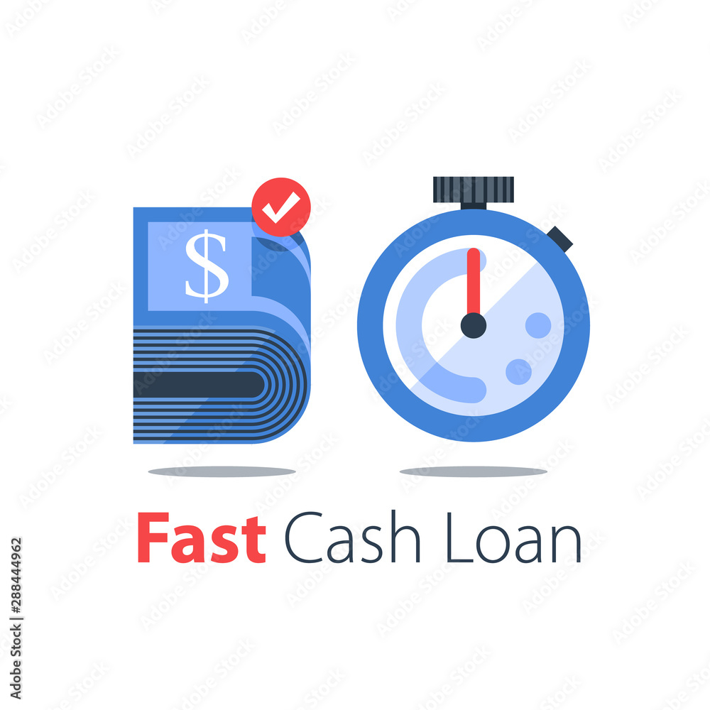 Cash back, bundle of bills and stopwatch, easy loan, instant payment, fast money transfer, financial services, vector flat illustration Cash back, bundle of bills and stopwatch, easy loan, instant payment, fast money transfer, financial services, vector flat illustration
