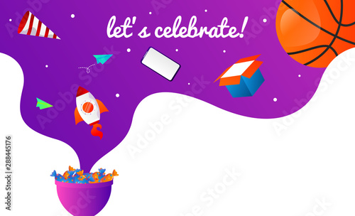 Let's celebrate! illustration in outerspace style. Web banners to invite to celebrate something