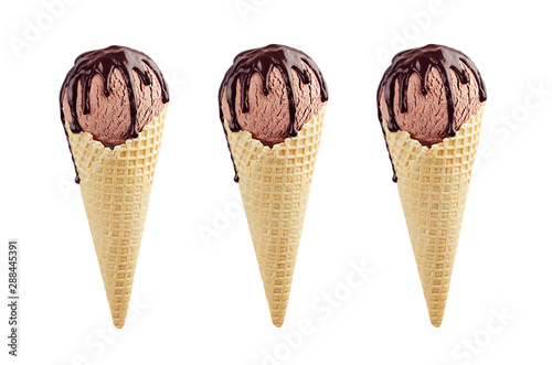 Set of three brown ice cream in crisp waffle cones with chocolate sauce isolated on white background, mock up.