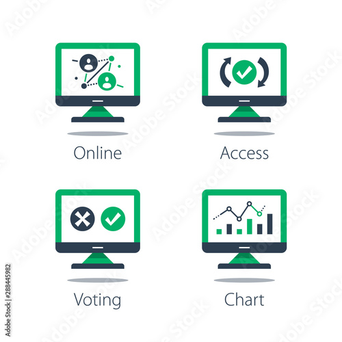 Online voting, personal data collecting and processing, website usability research and design improvement, system testing, information analysis, computer monitor and diagram report, vector icon set