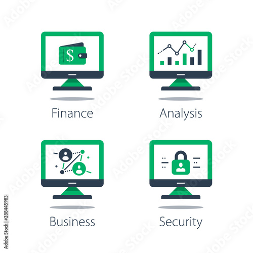 Online finance, internet banking, web security, people connection, computer monitor and padlock, financial security system, network technology and software development, vector flat set of icons