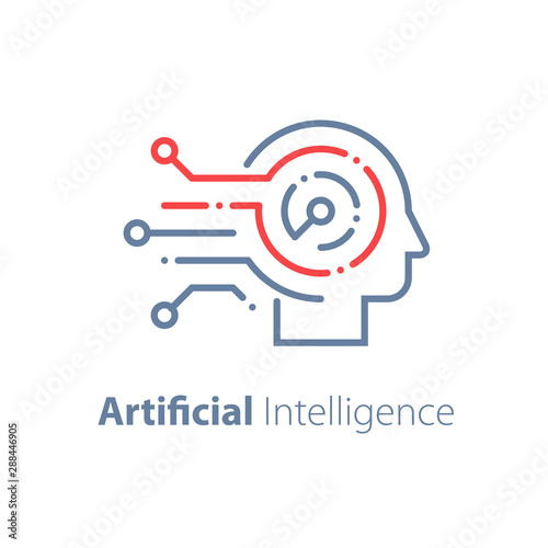 Artificial intelligence concept, machine learning, robot technology and innovation, skill improvement workshop, critical thinking, decision making, vector line illustration