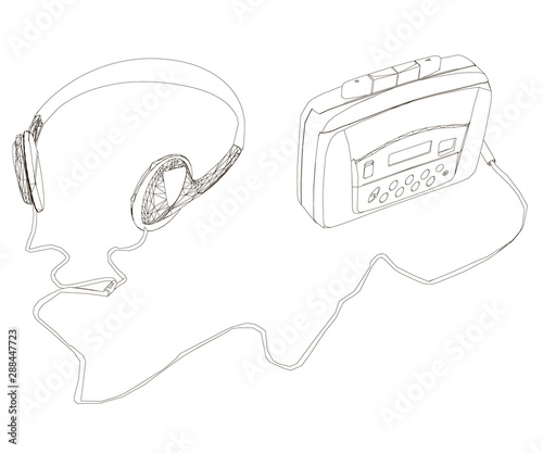 Contour of an old audio player on cassettes with headphones. Vector illustration.