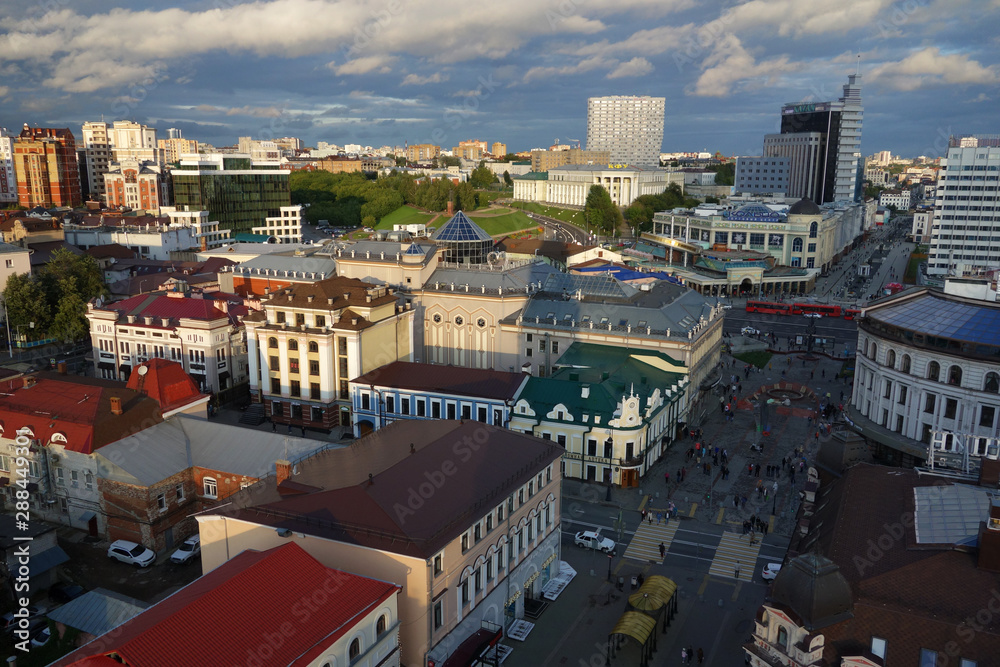 Obraz premium View of Bauman street in Kazan, from bell tower of the Cathedral, church and Kremlin. Kazan, Tatarstan, Russia.