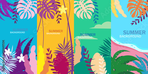 Set summer tropical template backgrounds stories with palms, sky and sunset