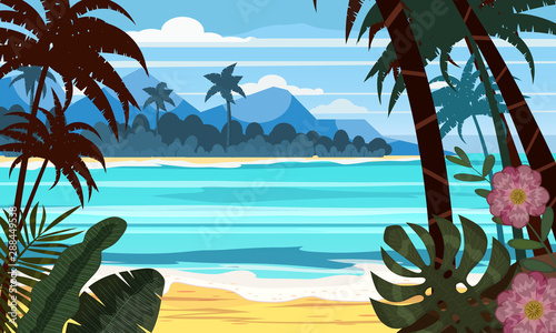 Seascape beach landscape ocean - Exotic plants leaves and palms.