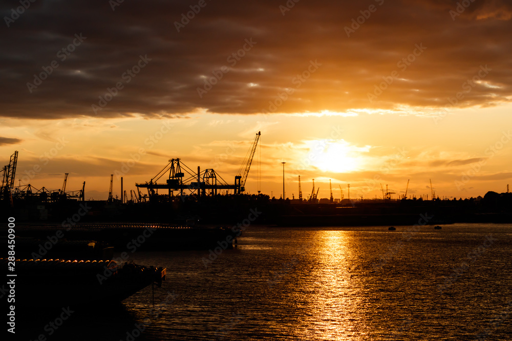 sunset in port of rotterdam
