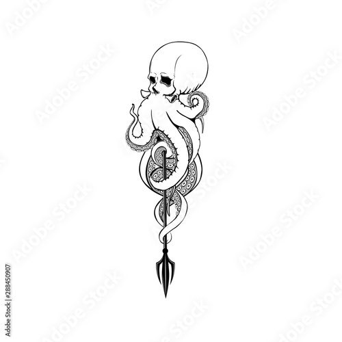 Octopus black silhouette of sea monster. Evil or giant deep water beast with curved tentacles isolated symbol for tattoo, nautical heraldry or marine club emblem design. vector and illustration
