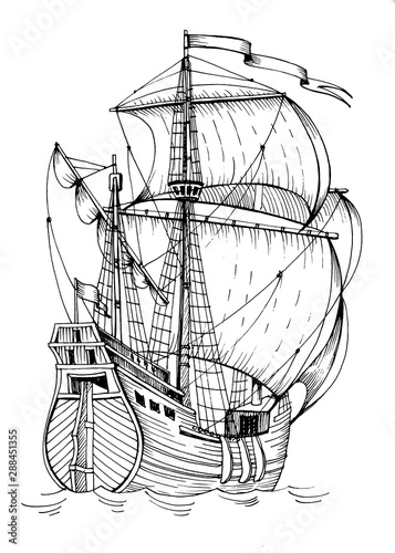 Old caravel, vintage sailboat. Hand drawn sketch. Detail of the old geographical or fanasy maps of sea. photo