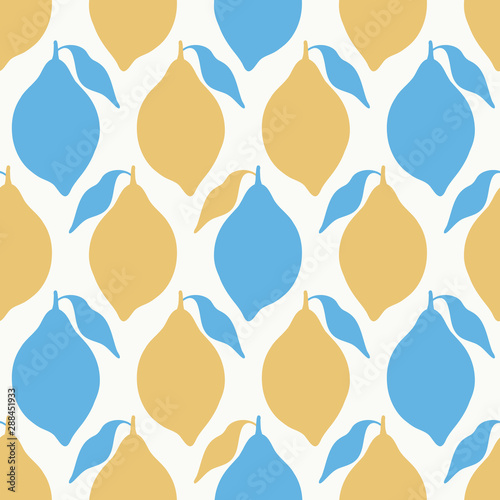 Stylized lemon geometric seamless pattern in yellow and blue. A simple tropical fruit vector repeat design background.