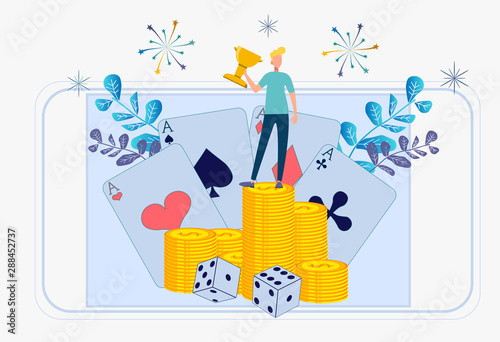 Poker player, winner in online casino. Gambling income, taxation of gambling income, the concept of legal rates. Site template. Colorful vector illustration.