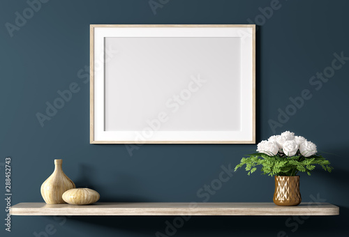 Fototapeta Naklejka Na Ścianę i Meble -  Shelf with poster and bouquet of flowers over blue wall 3d rendering