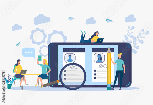 Employment service, recruitment agency. Search for candidates, HR interview. Employee assessment, progress report, performance evaluation concept. Colorful vector illustration