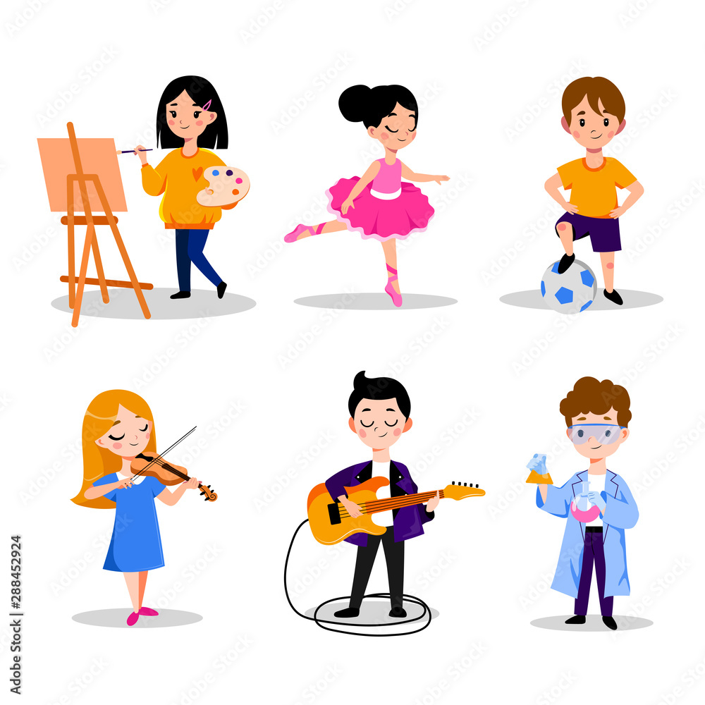 Vector Flat Kids Activity In Kindergarten Set. Girl And Boy Having