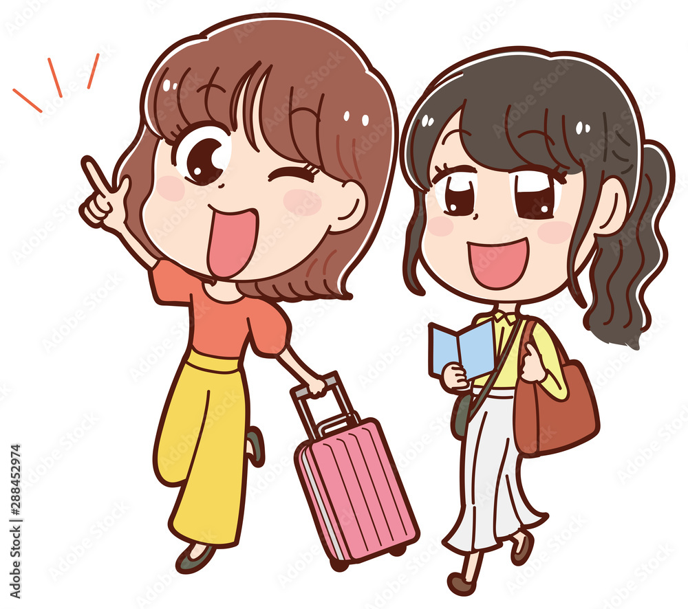 2人旅をする女性のイラスト 2人旅をする女性のイラスト
