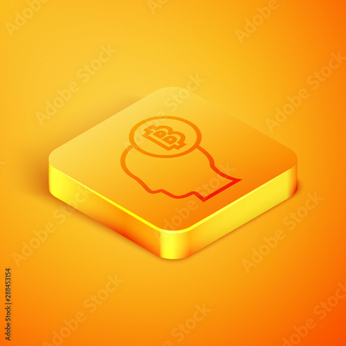 Isometric line Bitcoin think icon isolated on orange background. Cryptocurrency head. Blockchain technology, digital money market, cryptocoin wallet. Orange square button. Vector Illustration