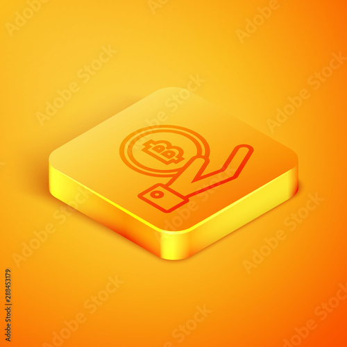 Isometric line Hand holding Bitcoin icon isolated on orange background. Blockchain technology, digital money market, cryptocoin wallet. Orange square button. Vector Illustration