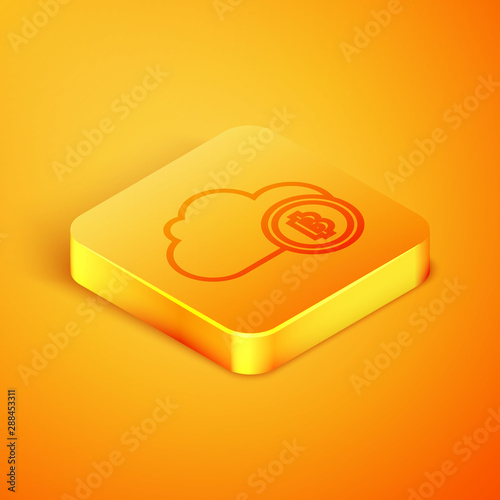Isometric line Cryptocurrency cloud mining icon isolated on orange background. Blockchain technology, bitcoin, digital money market, cryptocoin wallet. Orange square button. Vector Illustration