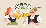 Oktoberfest, beer festival. Characters in German national dress drink beer from large mugs. Vector flat illustration with hand drawn unique textures.