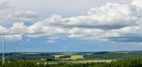 Picturesque wheat fields among the forests. Panoramic view.