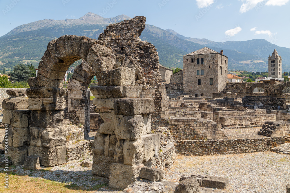 Ruins of the ancient Roman town Augusta Praetoria Salassorum in Aosta, Italy
