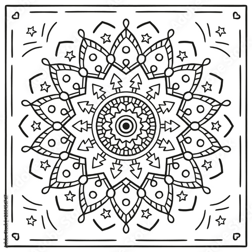 Cute Hand Drawn Christmas Mandala Coloring Card.