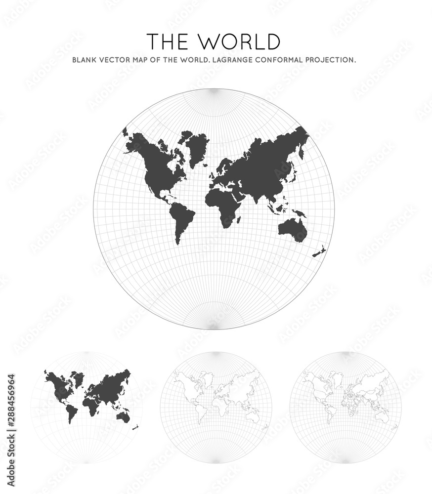 Fototapeta premium Map of the World. Lagrange conformal projection. Globe with latitude and longitude lines. World map on meridians and parallels background. Vector illustration.