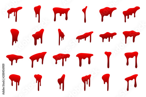 Blood drip set. Drop blood isloated white background. Happy Halloween decoration design. Red splatter stain splash spot, horror blot. Bleeding bloodstain scare texture Liquid paint. Vector illustraton