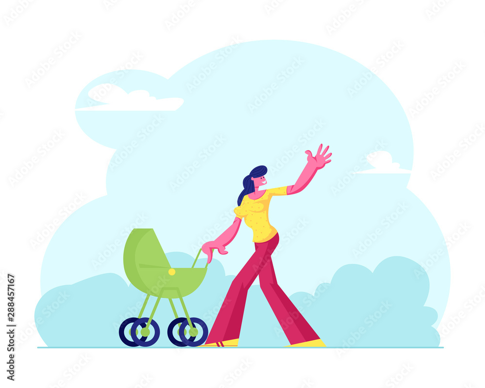 Happy Woman Walk with Child Carriage in City Park. Young Mother Pushing Baby Stroller on Countryside Landscape Background. Girl and Kid Weekend, Maternity Love Family Cartoon Flat Vector Illustration
